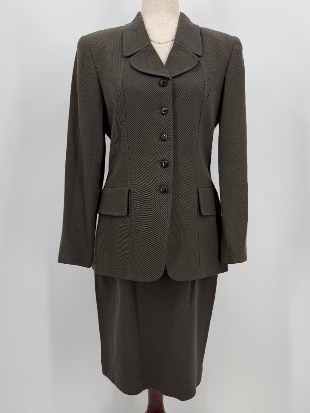 VTG 90s Albert Nipon Skirt Suit Set 100% Wool Olive Brown Blazer Pencil Midi 6